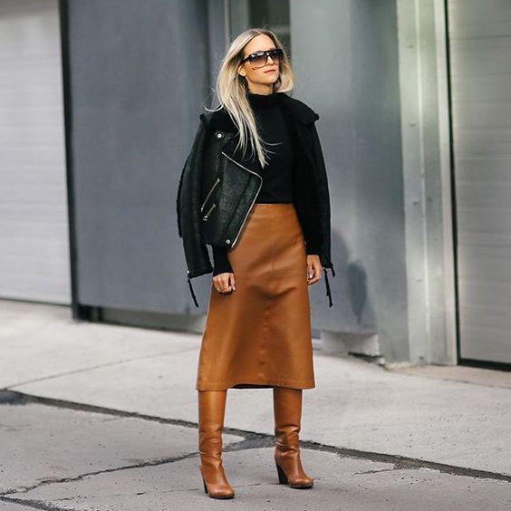 Black Jacket with Brown Midi Skirt 